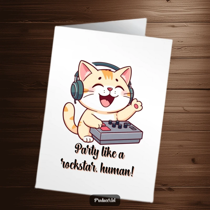 Funny Free Printable Birthday Card: Cat DJ with headphones mixing beats, hands up, celebrating a birthday party.