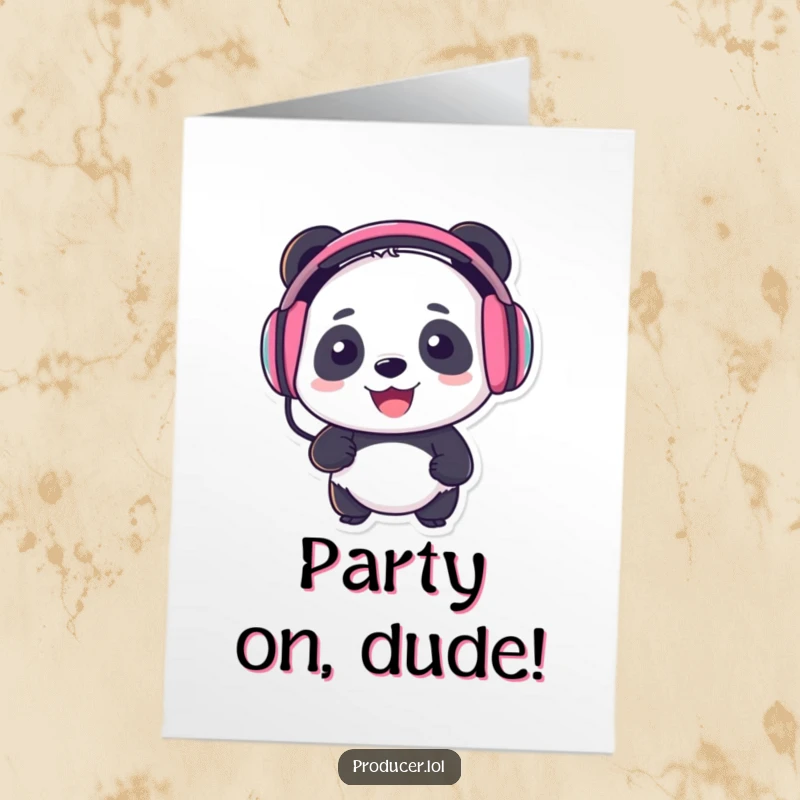 Funny Free Printable birthday card featuring a smiling panda wearing large headphones, bopping its head, ready for a musical celebration.