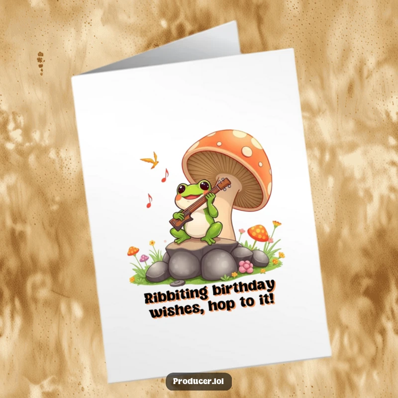 Funny free printable birthday card: Joyful frog playing music on a giant mushroom with a musical note design.