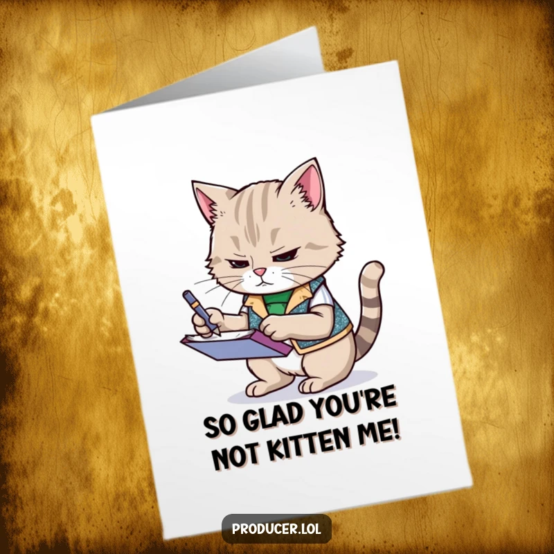 Funny Free Printable Birthday Card DIY: Determined cat in sparkly vest scribbling notes urgently, a hysterical downloadable gift.