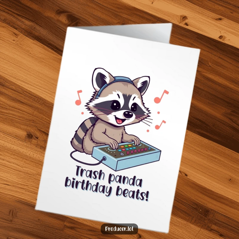 Funny Free Printable birthday card featuring a smiling raccoon DJ enthusiastically mixing sounds at a console, ready to party.