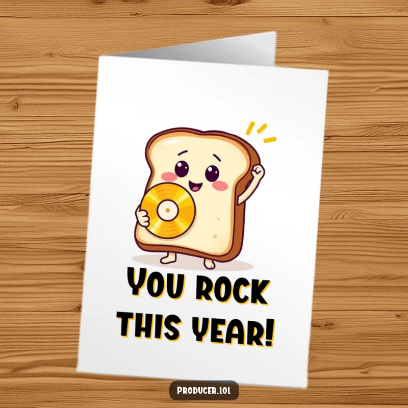 Funny Free Printable Birthday Card: A smiling slice of toast proudly holds a shiny golden record, celebrating a birthday.
