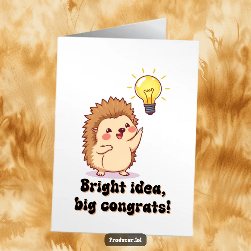 Funny Free Printable Congratulations Card of a proud hedgehog pointing excitedly at a bright, illuminated lightbulb.