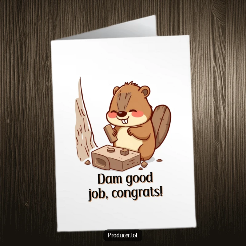 Funny Free Printable Congrats Card: Busy beaver triumphantly hammers a miniature set piece, celebrating success.
