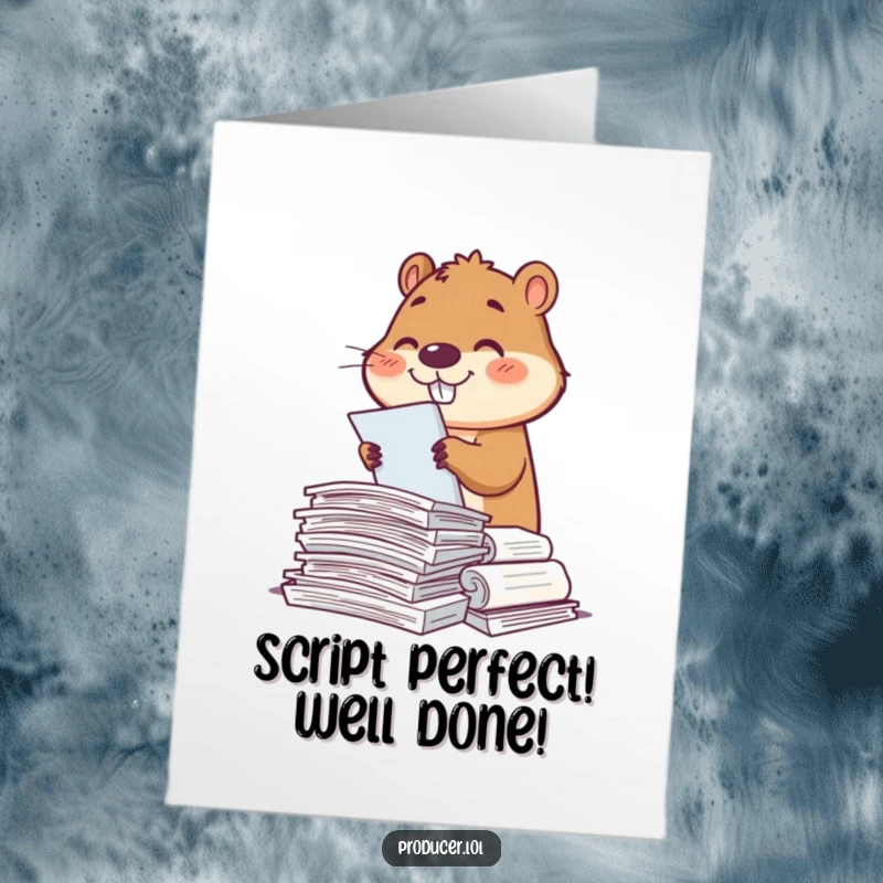 Funny Free Printable Congratulations Card: A beaver happily sorts through many scripts, embodying dedication and success.