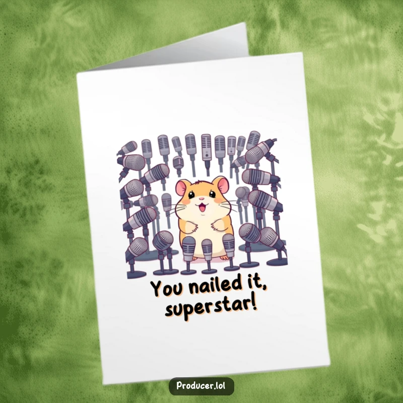 Funny Free Printable Congratulations Card: Happy hamster looking at a vast selection of microphones, celebrating a big win.