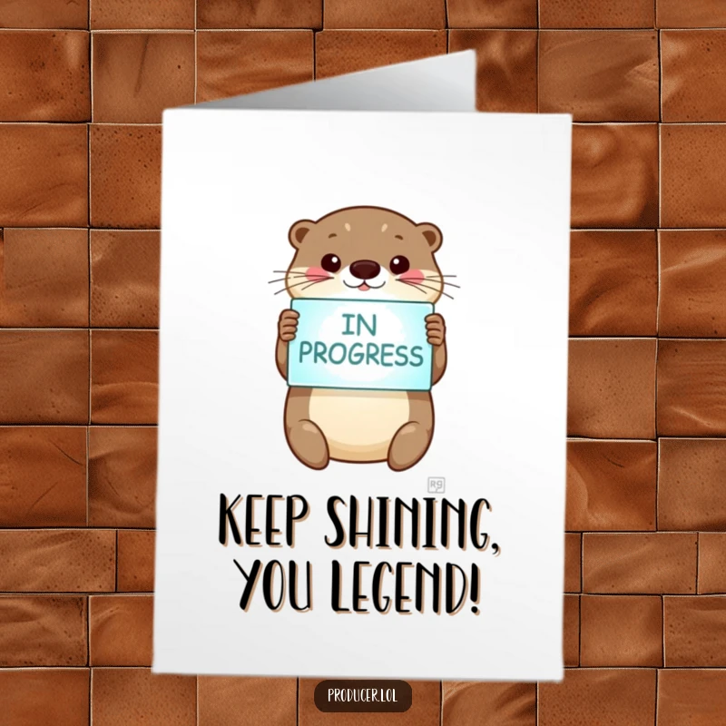 Free Printable Congratulations Card: A cute otter holds up a glowing IN PROGRESS sign, celebrating ongoing efforts and success.