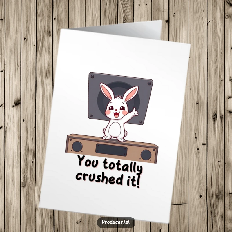 Funny Free Printable Congratulations Card: Cartoon rabbit bouncing, pointing enthusiastically at a booming speaker, celebrating achievements with loud joy.