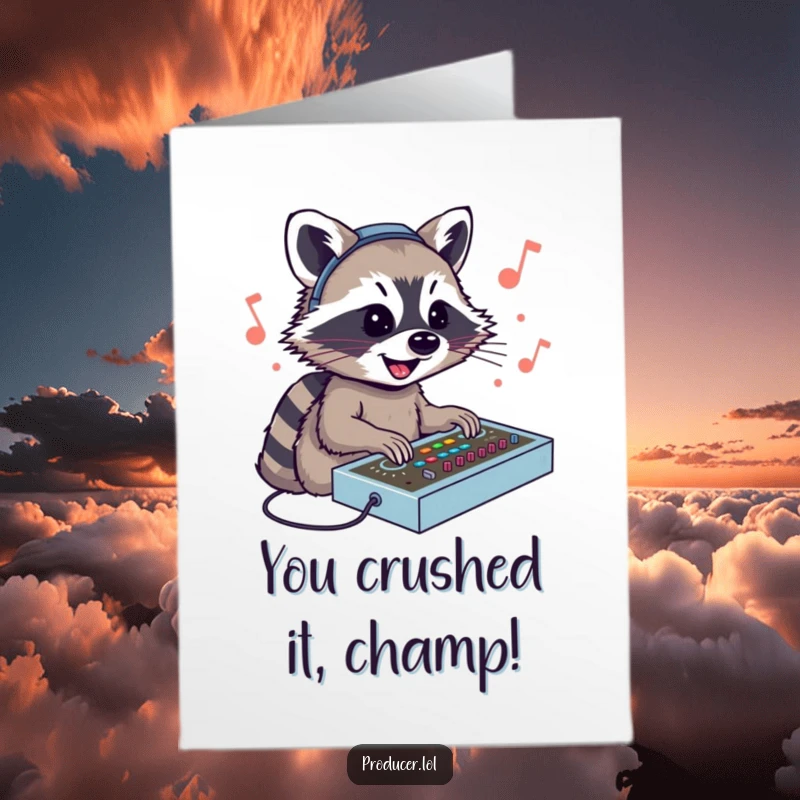 Funny Free Printable congratulations card with a smiling raccoon DJ enthusiastically mixing sounds at a console celebrating success.