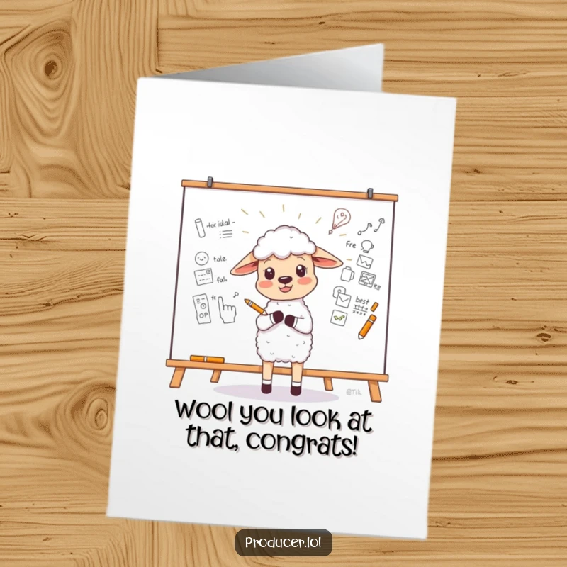 Funny Free Printable Congrats Card: Little sheep enthusiastically sketches a new idea on a large whiteboard.