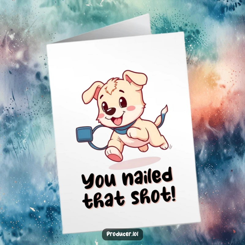 Funny Free Printable Congratulations Card: Playful puppy running with a film roll, celebrating success.