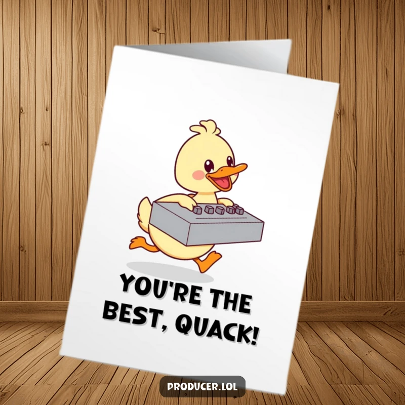 Funny Free Printable Congratulations Card: A happy duck enthusiastically pushing a large mixing board, celebrating a big win. A dynamic, downloadable message.
