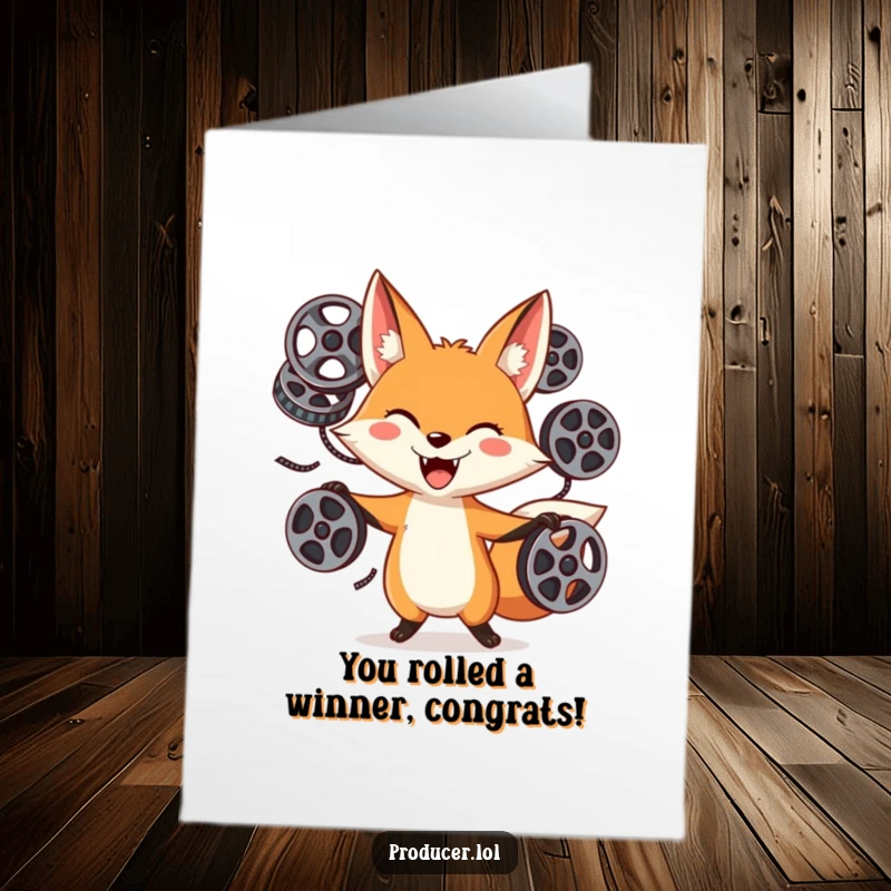 Funny Free Printable Congratulations Card: Goofy fox juggling film reels, celebrating an amazing accomplishment.