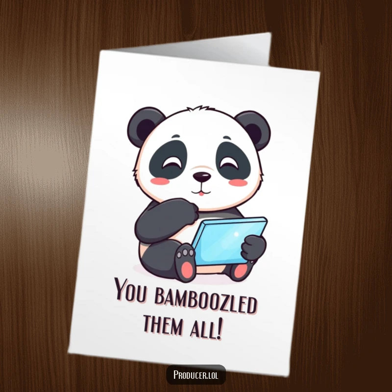 Funny Free Printable Congratulations Card: Playful panda thinking with a glowing tablet, a clever and humorous DIY gift.