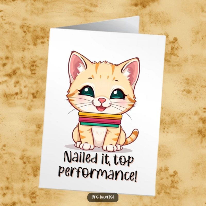 Funny Free Printable Congratulations Card: A giggling kitten balances colorful cue cards on its nose, ready to announce good news.