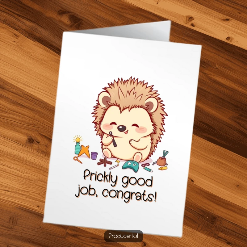 Funny Free Printable Congrats Card: Happy hedgehog meticulously organizes tiny props with a focused, precise look.