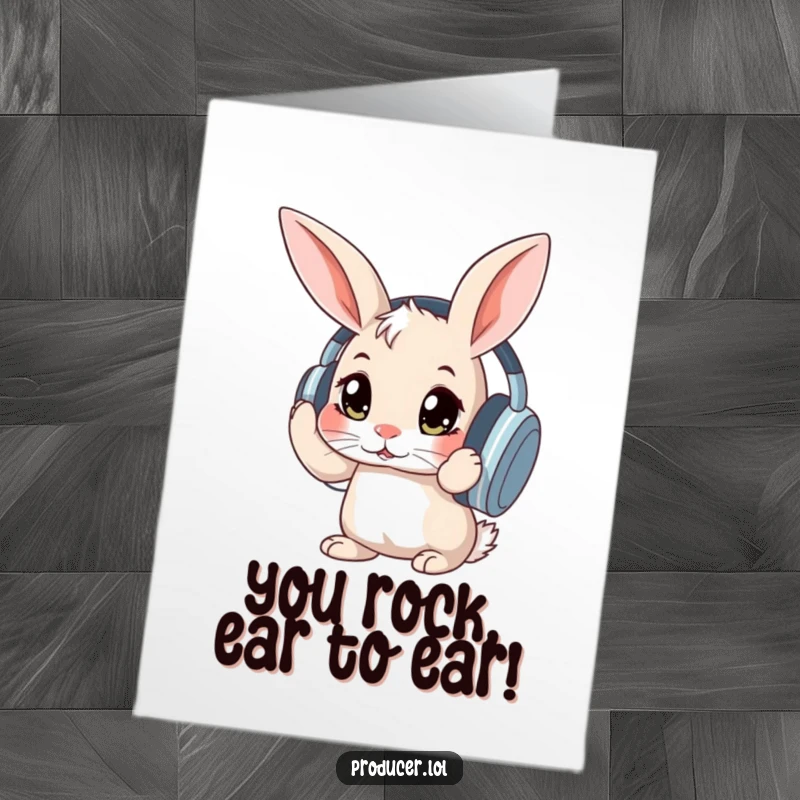 Funny Free Printable Congratulations Card: A rabbit with wide eyes listening intently on large headphones.