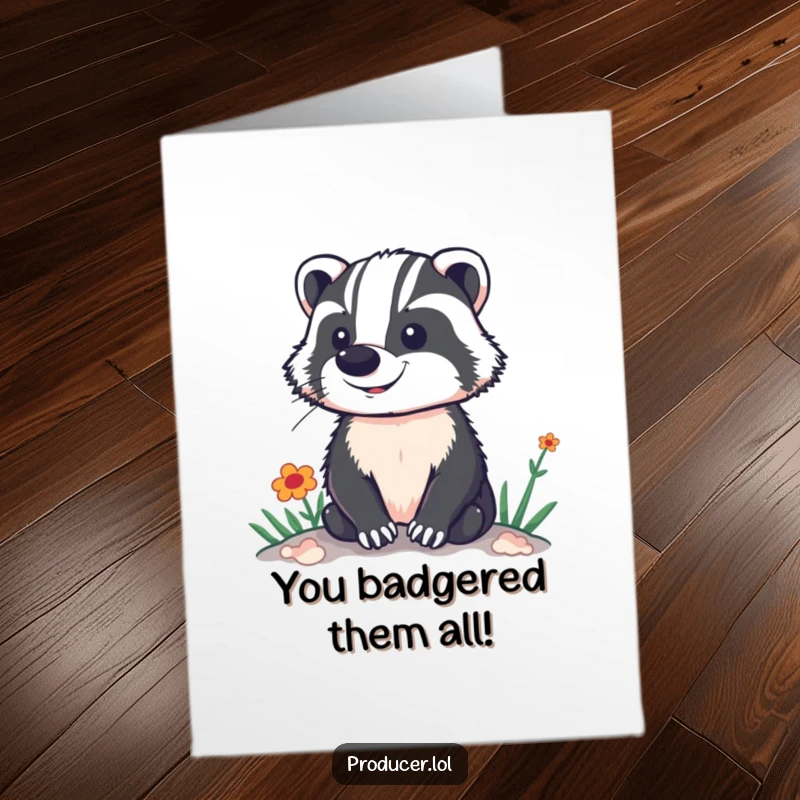Funny Free Printable Congratulations Card: A proud badger gazing with satisfaction over a brightly lit and vibrant stage set.