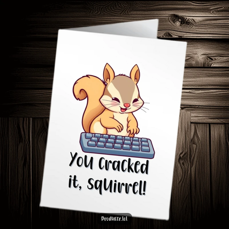 Funny Free Printable Congrats Card: An energetic squirrel is engrossed in typing on a keyboard, symbolizing hard work and successful completion.