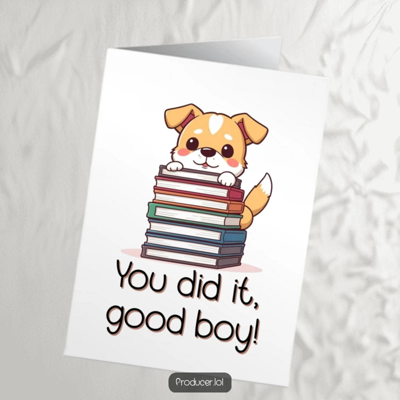 Funny Free Printable congratulations card featuring a determined dog peeking from storyboards, tail wagging, celebrating a successful project.