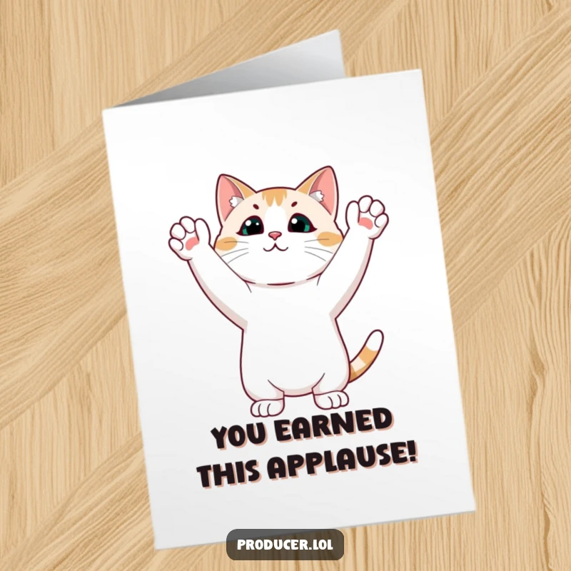 Funny Free Printable Congratulations Card: Cat enthusiastically applauding with paws in the air and a proud expression.