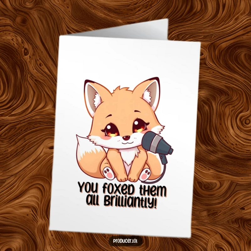 Funny Free Printable congratulations card with a cuddly fox leaning into a microphone with bright eyes, celebrating a win.