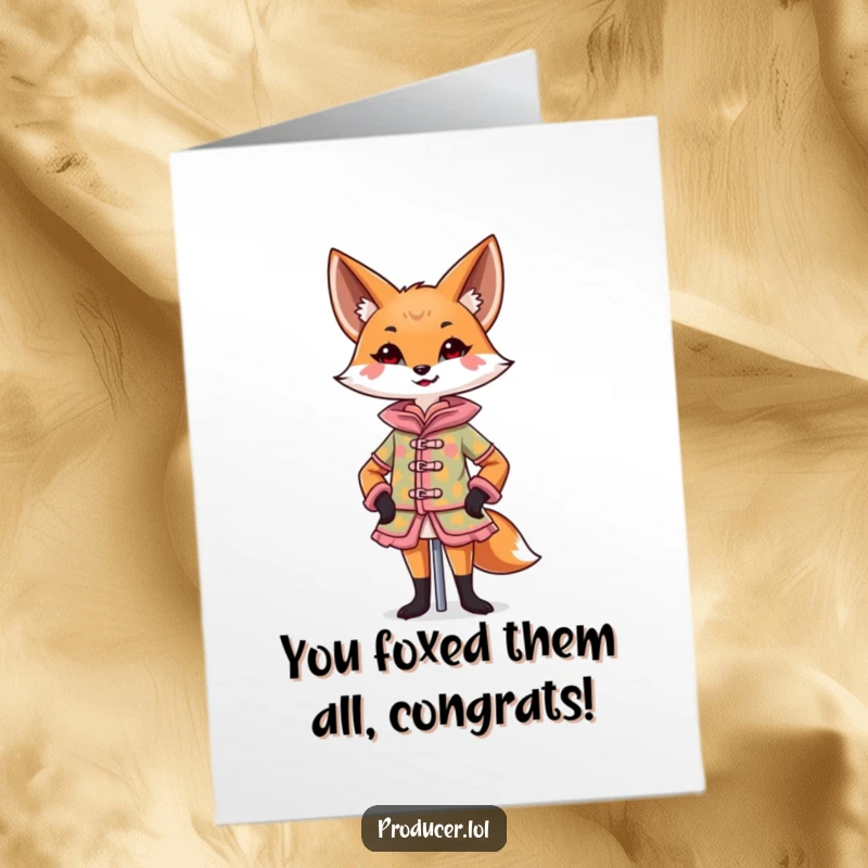 Funny Free Printable Congrats Card: Confident fox designs a colorful costume on a mannequin with a flourish.