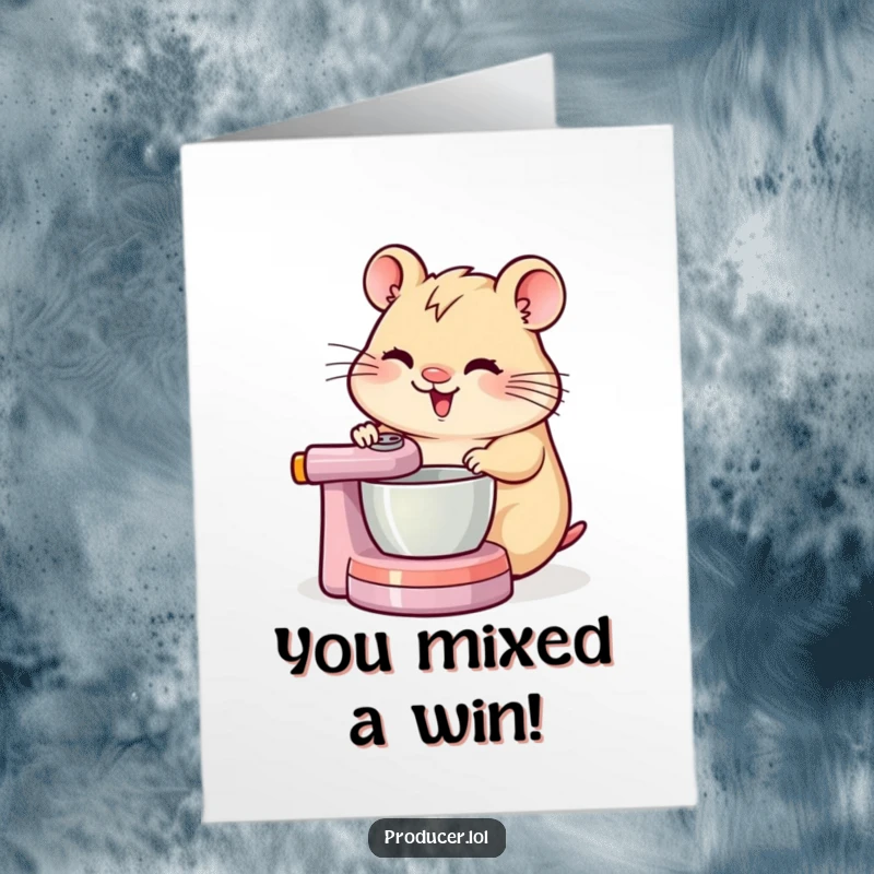 Funny Free Printable Congratulations Card: Cheerful hamster DJ concentrating on a mixing board, celebrating success.