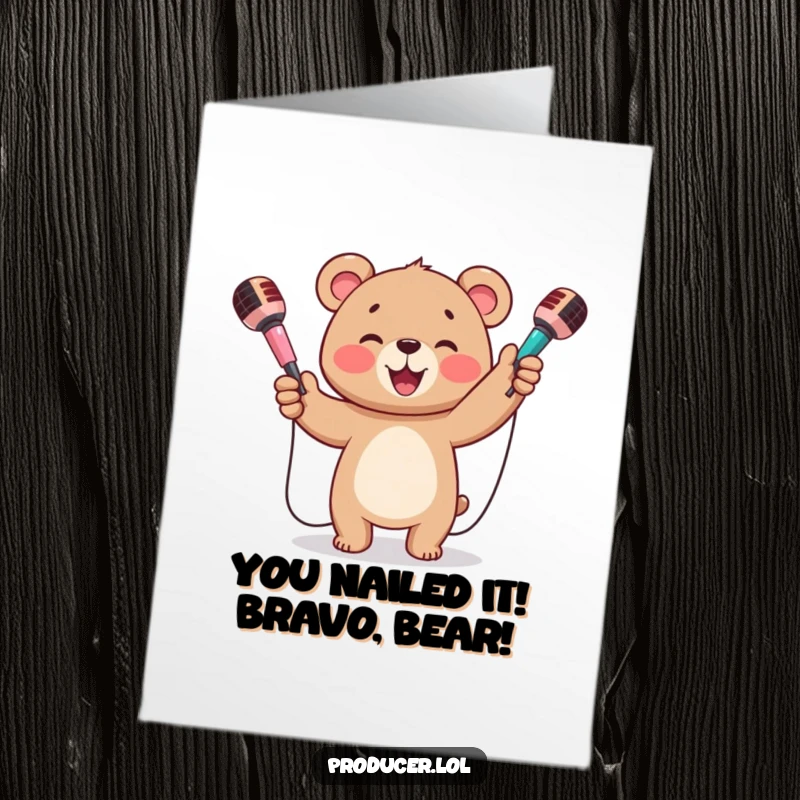 Funny Free Printable Congratulations Card: A bear cub happily juggles three colorful microphones, celebrating success with a huge smile.