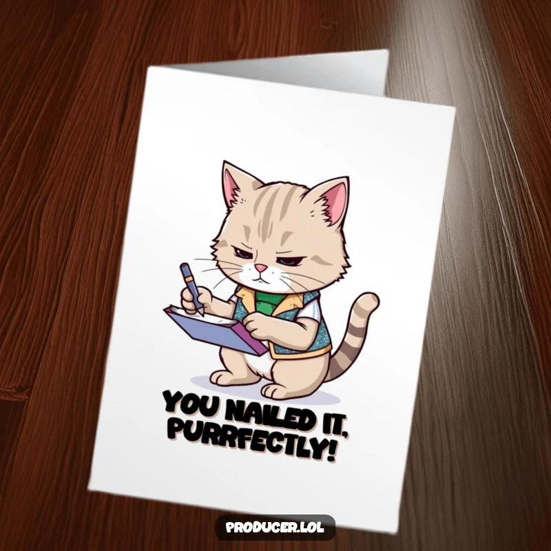 Funny Free Printable Congratulations Card: Determined cat in a vest scribbling notes, a perfect DIY gift for celebrating wins.