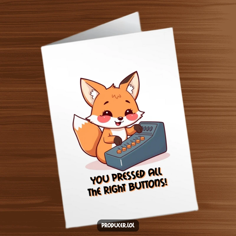 Funny Free Printable Fox Congratulations Card: A cheerful fox excitedly pressing soundboard buttons, celebrating a major accomplishment with sound effects.
