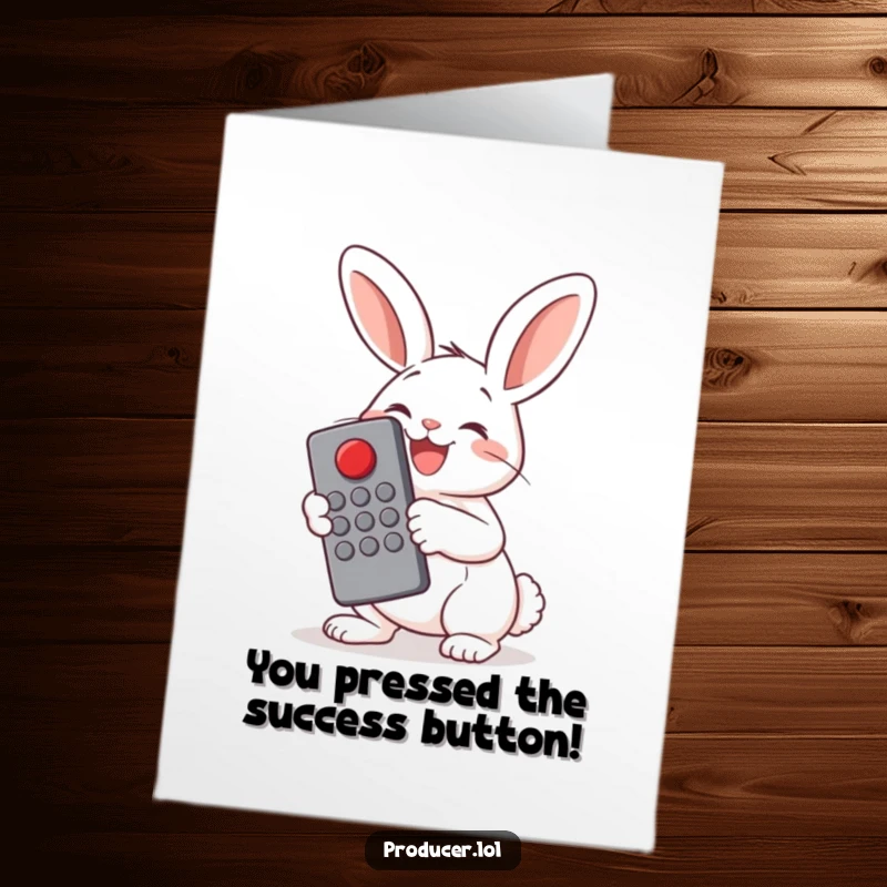 Funny Free Printable Congratulations Card: Glee-filled bunny pressing a big red button with a remote control.
