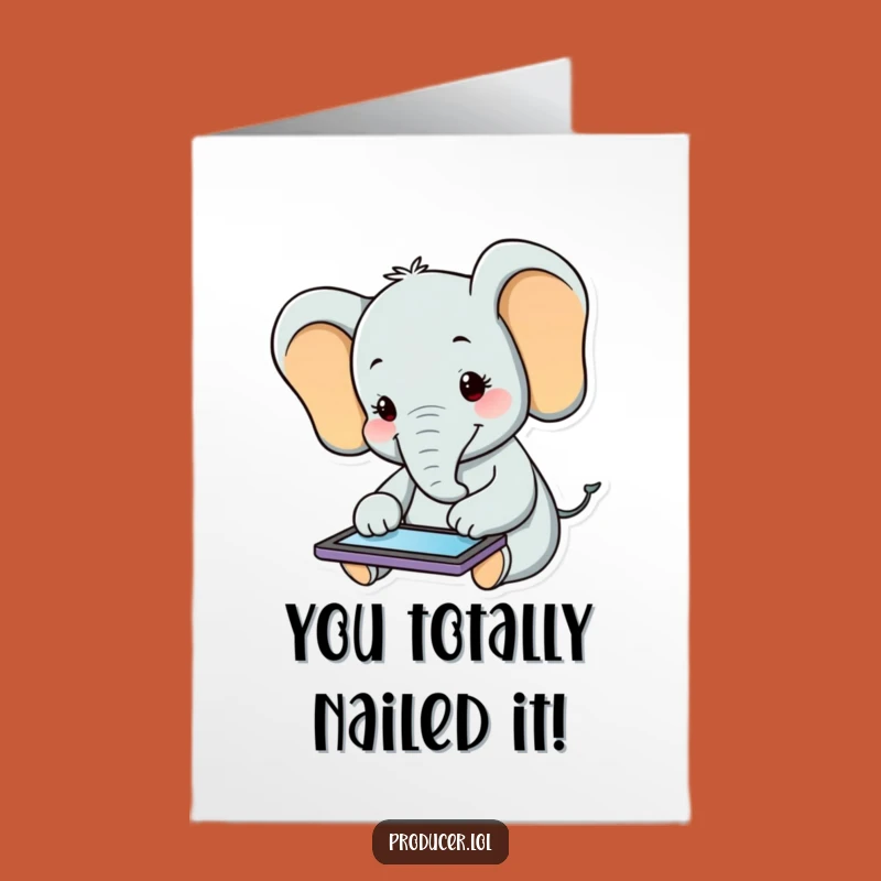 Free Printable Congrats Card: Happy Elephant's Tech Triumph Funny Downloadable Gift