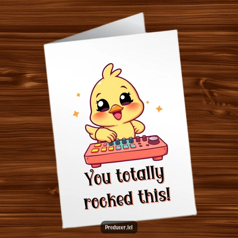 Funny Free Printable congratulations card featuring a cheerful chick tapping a large colorful mixing board to celebrate success.