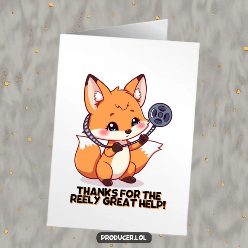Funny Free Printable Thank You Card: A playful fox spinning a film reel, expressing thanks.