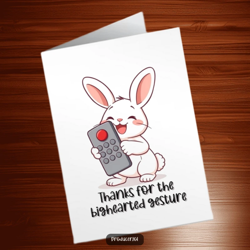 Funny Free Printable Thank You Card: Happy bunny pressing a big red button, thanking someone with glee.