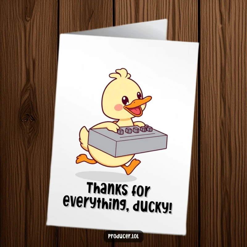 Funny Free Printable Thank You Card: A happy duck energetically pushing a mixing board, conveying thanks with delight. A cheerful, downloadable message.