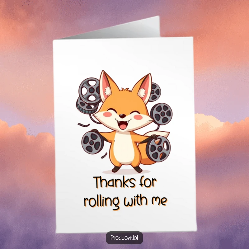 Funny Free Printable Thank You Card: Playful fox juggling film reels, expressing gratitude with a goofy grin.