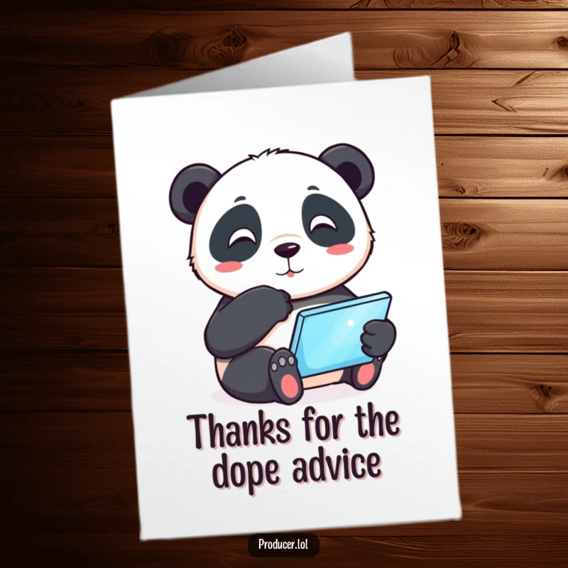 Funny Free Printable Thank You Card: Playful panda contemplating with a tablet, a witty and humorous DIY gift.