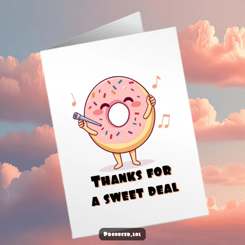 Funny Free Printable Thank You Card: A happy donut with sprinkles conducts an orchestra, sending sweet thanks.