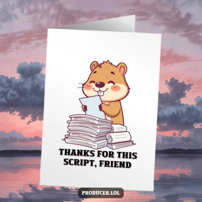 Funny Free Printable Thank You Card: A beaver with a wide smile sorts through piles of scripts with great care.