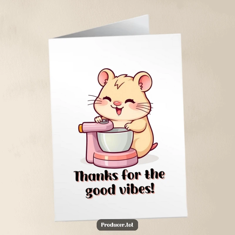 Funny Free Printable Thank You Card: Cheerful hamster DJ concentrating on a mixing board, expressing thanks.