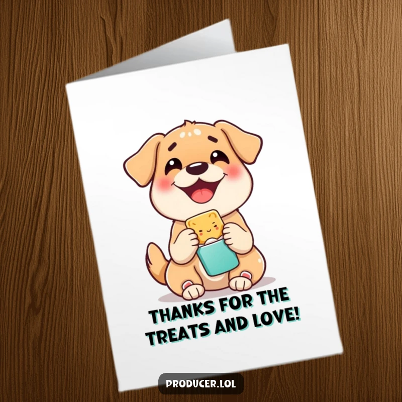 Funny Free Printable Thank You Card: A content dog offers a snack as a gesture of thanks, warm and humorous.