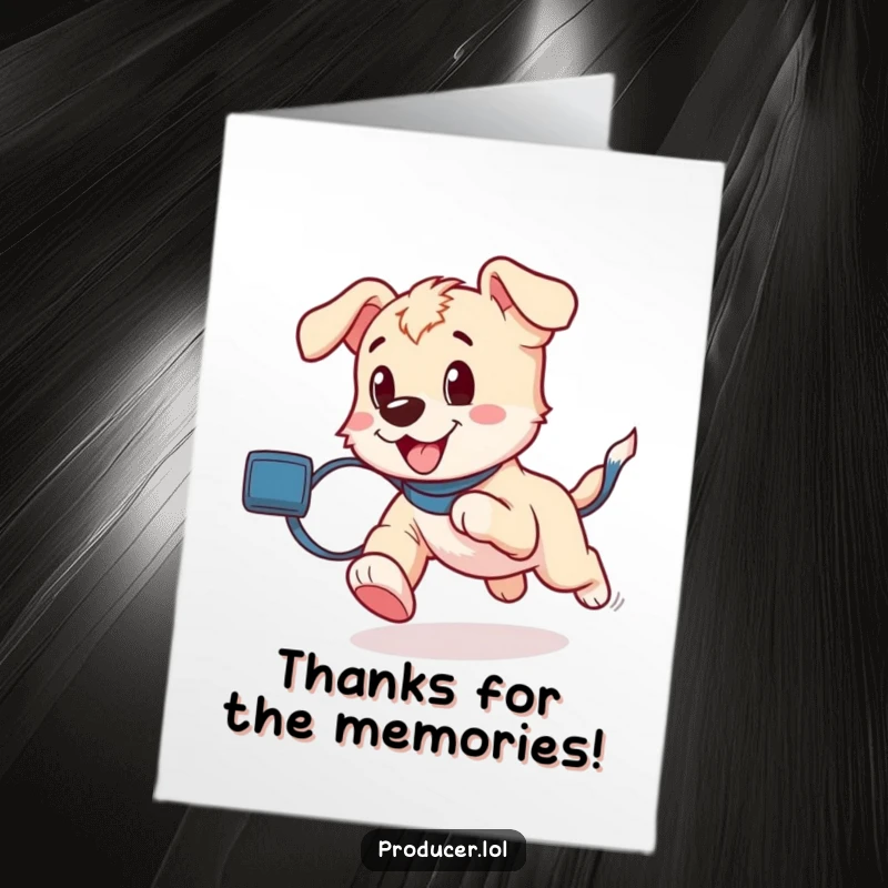 Funny Free Printable Thank You Card: Playful puppy running with a film roll, expressing thanks.