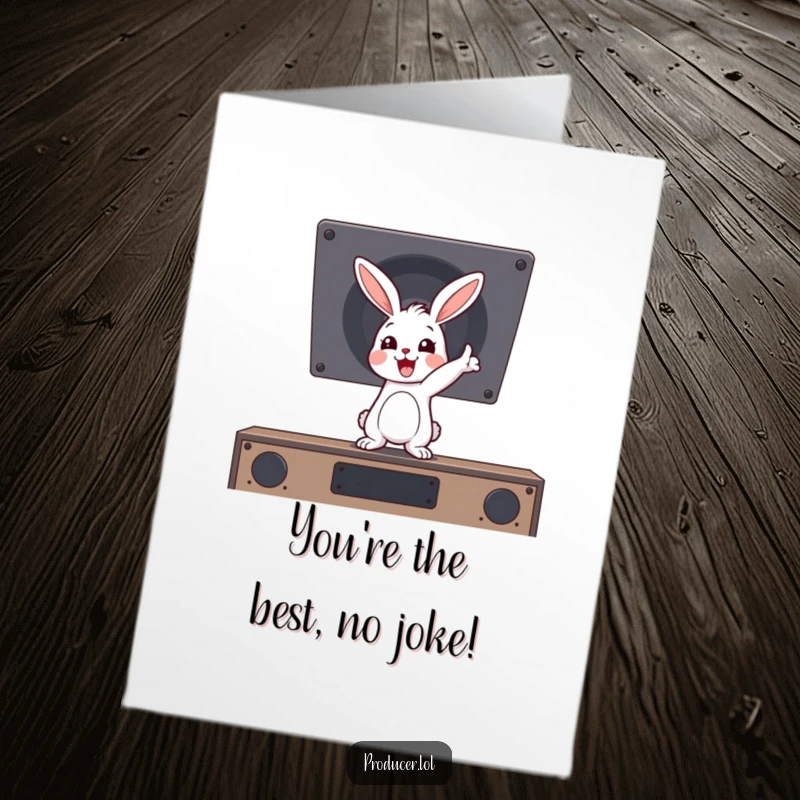Funny Free Printable Thank You Card: Bouncing cartoon rabbit enthusiastically pointing at a booming speaker, shouting out thanks with delight.