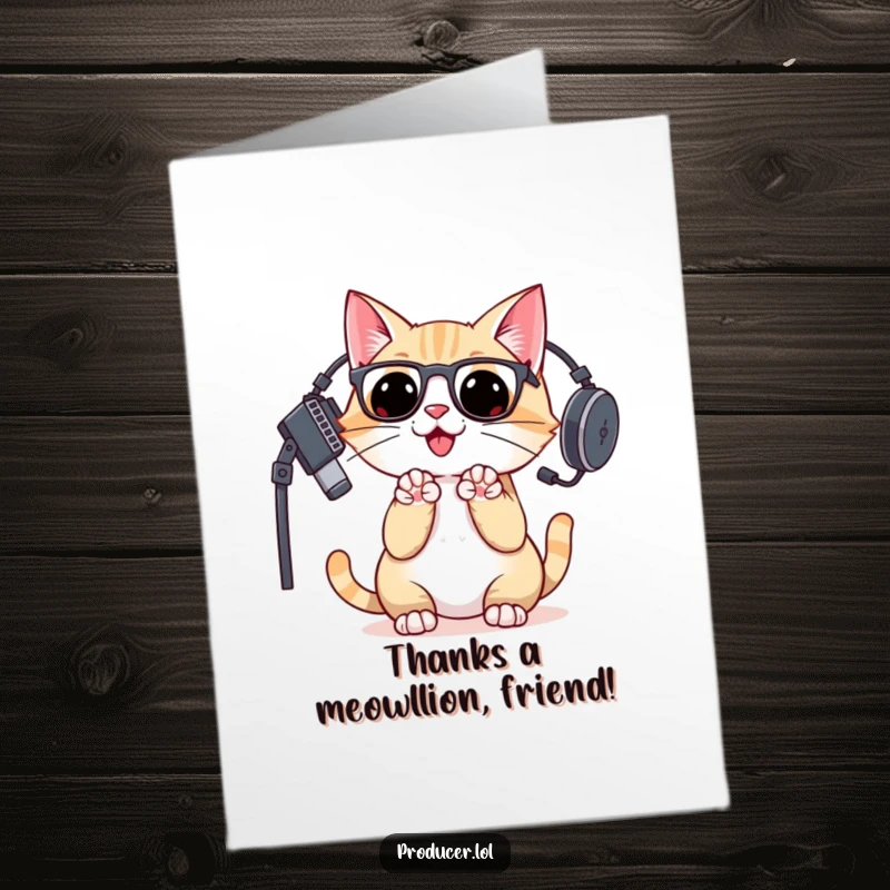 Funny Free Printable Thank You Card: Cat DJ in headset giving a thumbs up, expressing musical thanks.