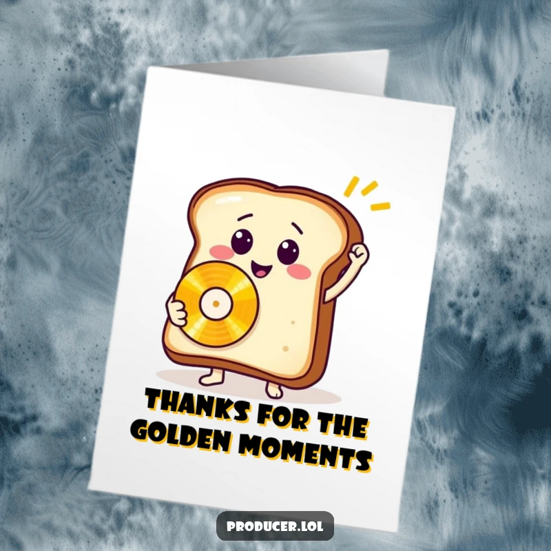 Funny Free Printable Thank You Card: A happy piece of toast holds a golden record, expressing sincere thanks.