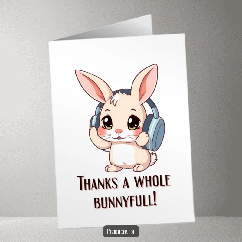 Funny Free Printable Thank You Card: Rabbit wearing large headphones, eyes wide with enjoyment.