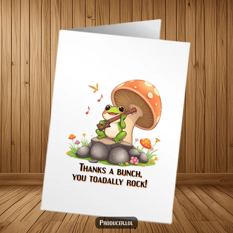 Funny free printable thank you card: Joyful frog creating music on a mushroom, a unique way to express gratitude.
