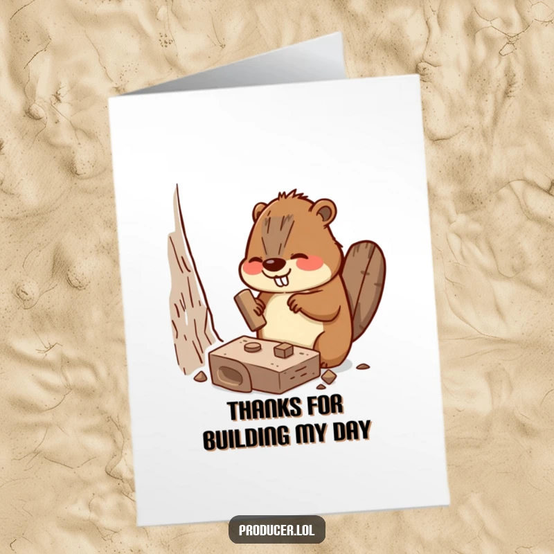 Funny Free Printable Thank You Card: Busy beaver diligently hammers a miniature set piece, showing appreciation.